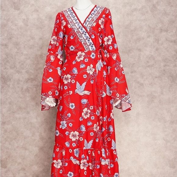 Vintage Floral Print Wrap Dress Kimono Robe Duster Cardigan - Picture 4 of 8